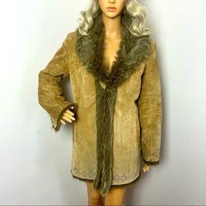 Vintage Studio Leather Pea Coat – Faux Fur Lined – Brown – Fits Medium
